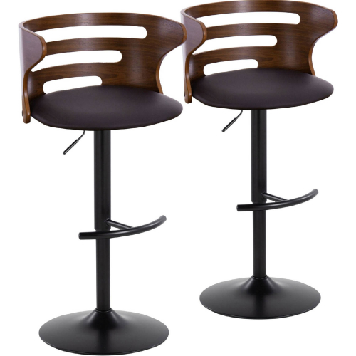 Cosi Adjustable Swivel Bar Stool in Black Metal, Walnut Wood & Brown Leatherette (Set of 2)